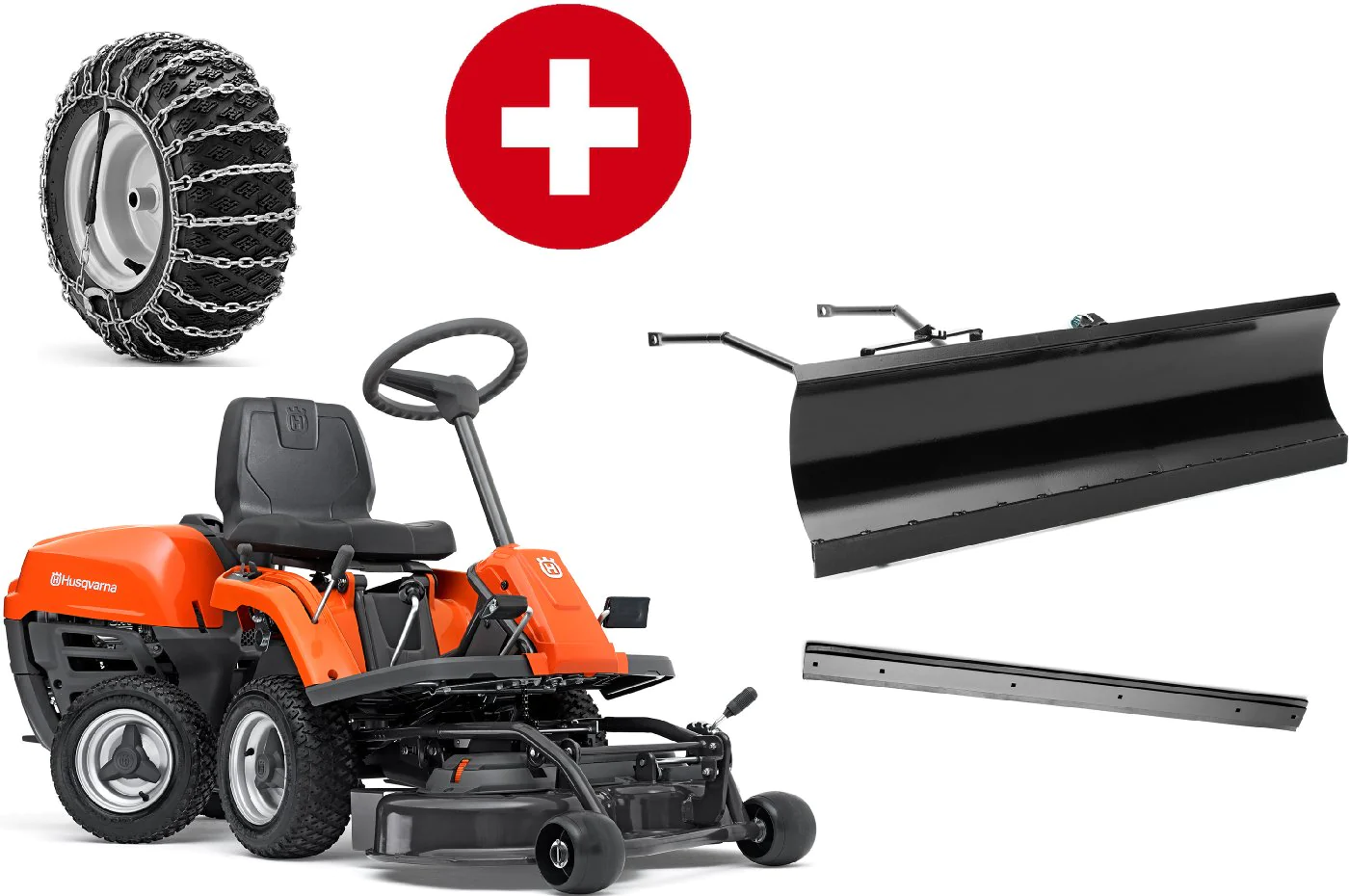 Husqvarna Frontmäher R 112C mit Mähdeck Combi 85 - Winterpaket mit Schneeschild, Gummileiste und Schneeketten - Modell 2023